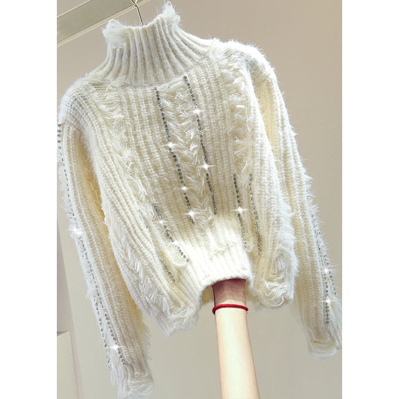 Italian White Turtleneck Patchwork Zircon Thick Cotton Knit Sweaters Winter
