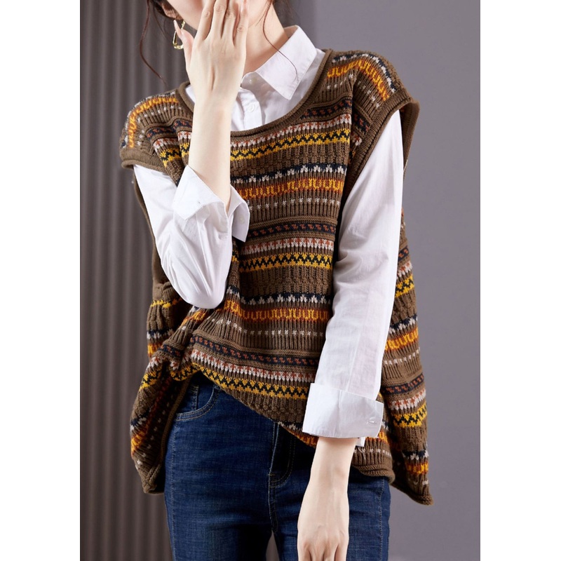 Jacquard Coffee Striped Patchwork Knit Sweater Sleeveless