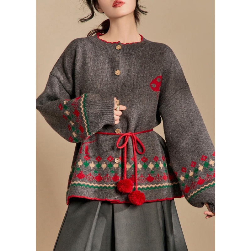 Jacquard Grey Button Tie Waist Knit Coat Winter