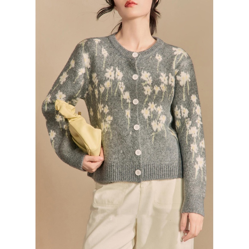 Jacquard Grey O Neck Button Knit Coat Winter