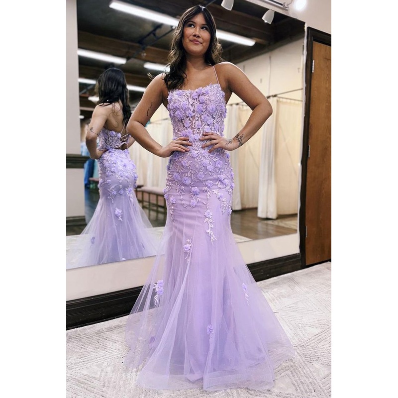 Lavender Mermaid Tulle Long Prom Dress 3 D Flower Formal Party Dress J5217