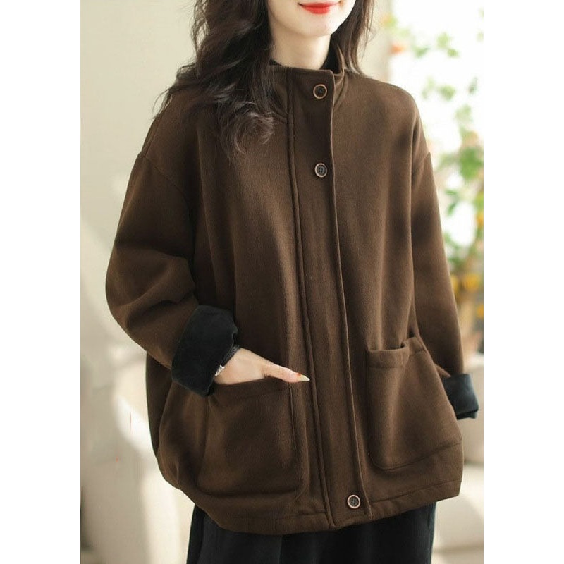 Loose Coffee Stand Collar Pockets Warm Fleece Coats Spring