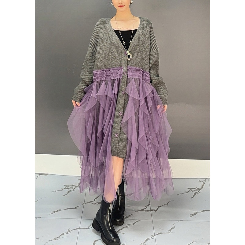 Loose Grey V Neck Tulle Patchwork Knit Cardigan Dress Spring