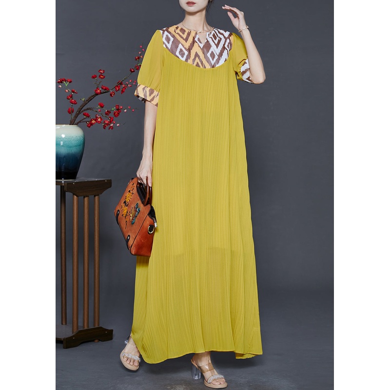 Modern Yellow Oversized Patchwork Chiffon Maxi Dress Summer
