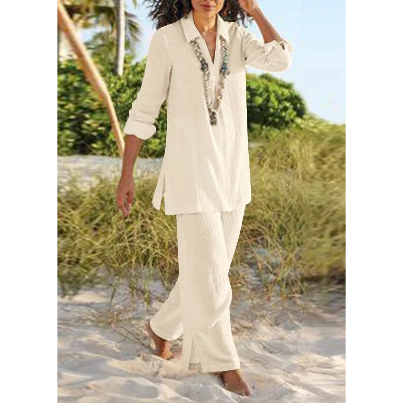 Natural Khaki Peter Pan Collar Shirt And Wide Leg Pants Two Pieces Set Fall