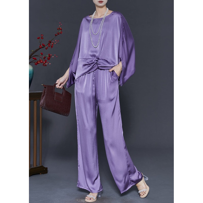 Natural Lavender Asymmetrical Silk Two Piece Set Outfits Batwing Sleeve