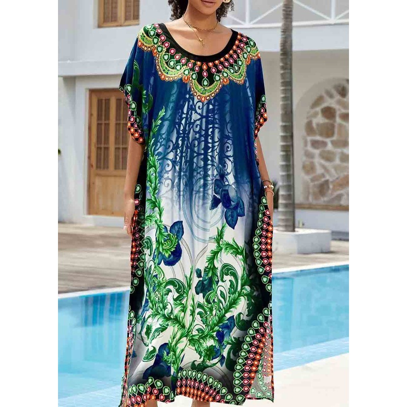 Navy Print Chiffon Long Dresses Oversized Side Open Summer