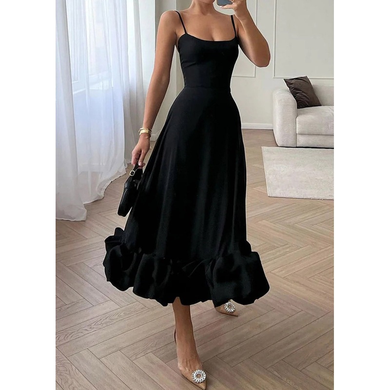 New Black Cold Shoulder Solid Cotton Spaghetti Strap Dress Sleeveless