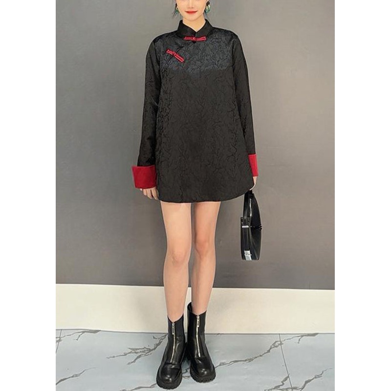 New Black Stand Collar Button Silk Blouses Spring