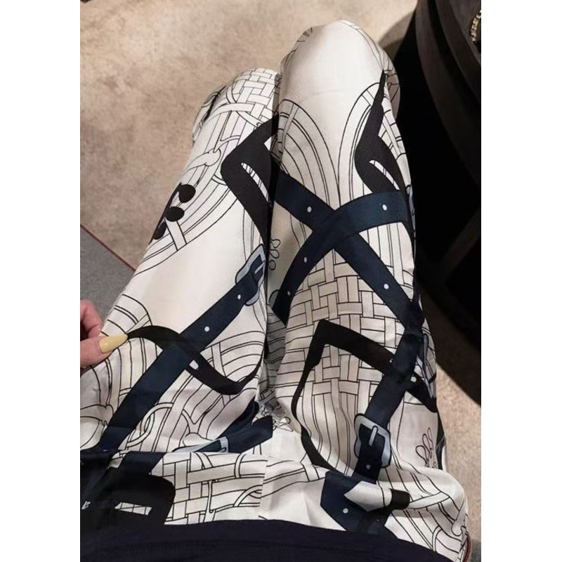 New White Print Thin High Waist Silk Pants Summer