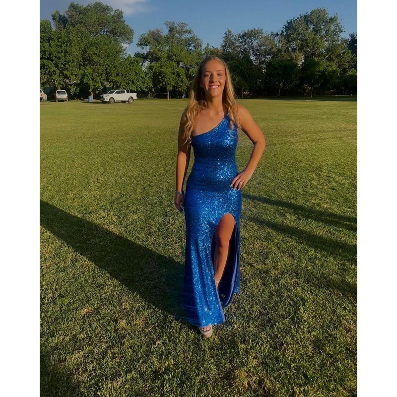One Shoulder Blue Sequin Mermaid Prom Dress With Slit J2986