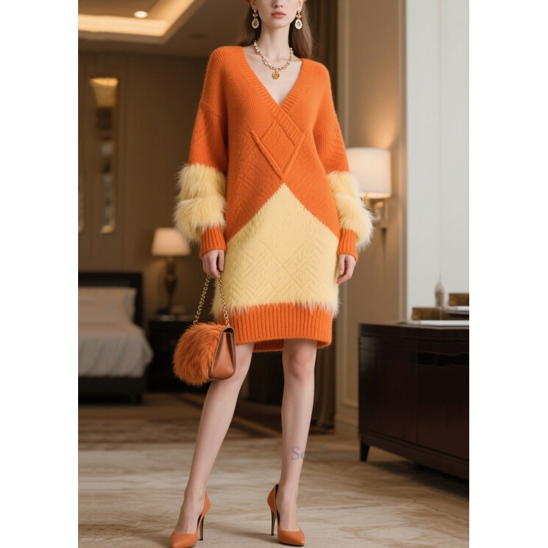 Orange Patchwork Faux Fur Knitwear Dress Oversized Winter