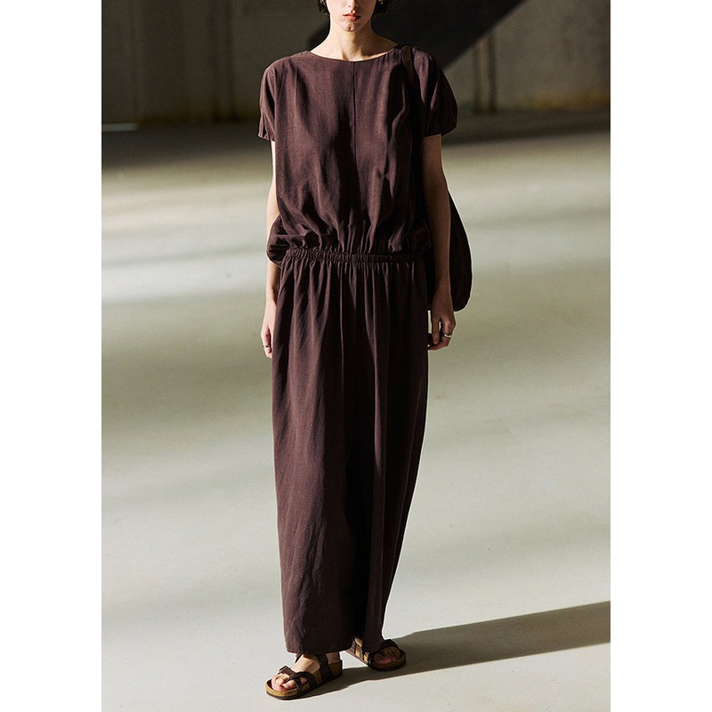 Organic Coffee O Neck Elastic Waist Linen Jumpsuit Summer
