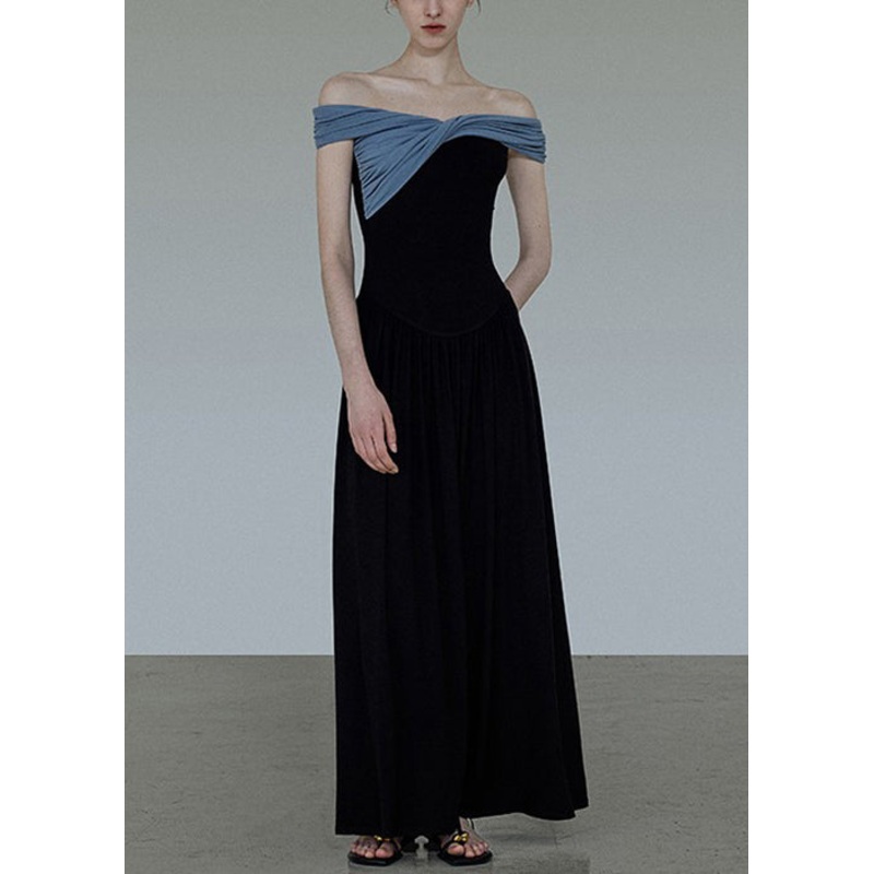 Original Black Slash Neck Wrinkled Patchwork Cotton Long Dress Summer