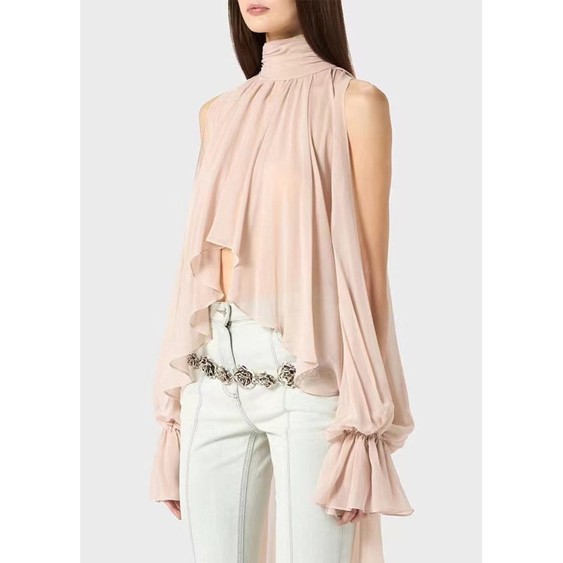 Pink Lace Up Solid Chiffon Fall Shirt Asymmetrical