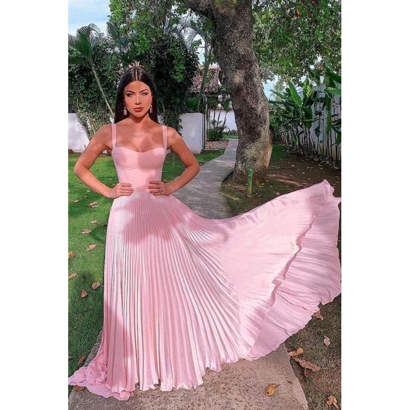 Pleated Pink A-Line Prom Dress Formal Evening Gown 2257