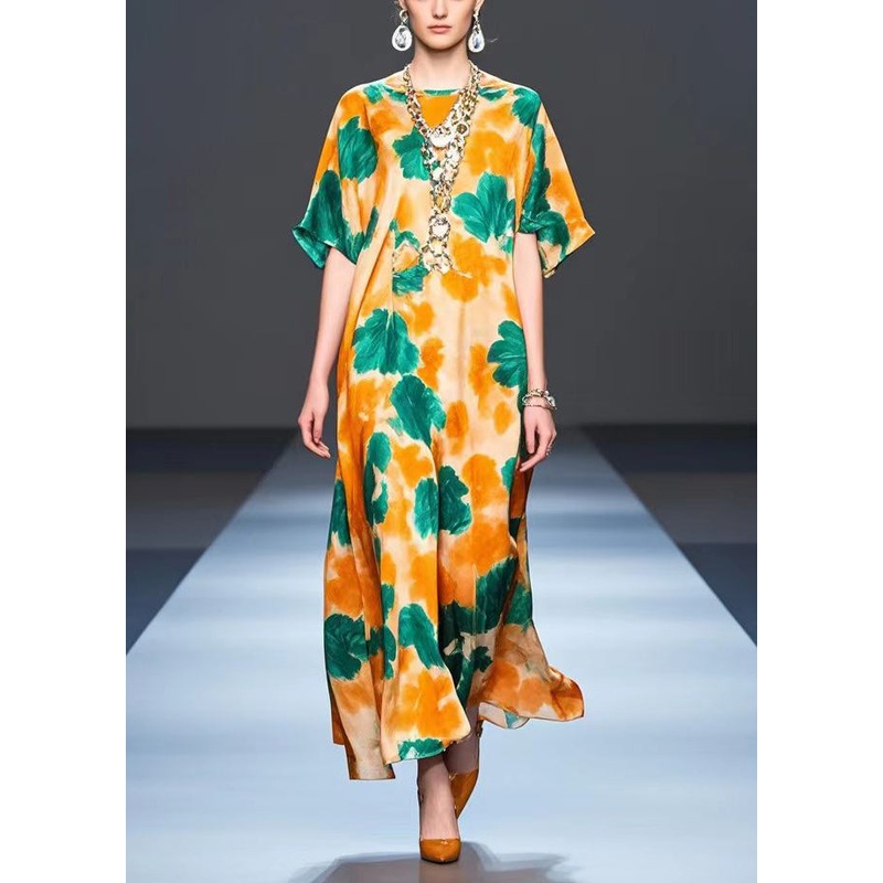Plus Size Orange Oversized Print Silk Party Dress Summer