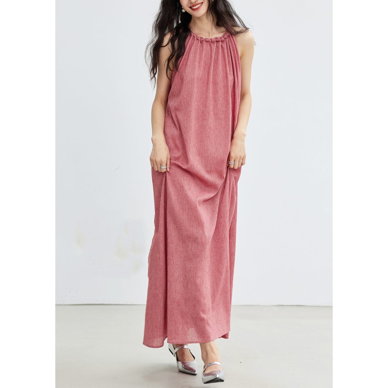 Plus Size Pink Lace Up Solid Cotton Long Dress Sleeveless