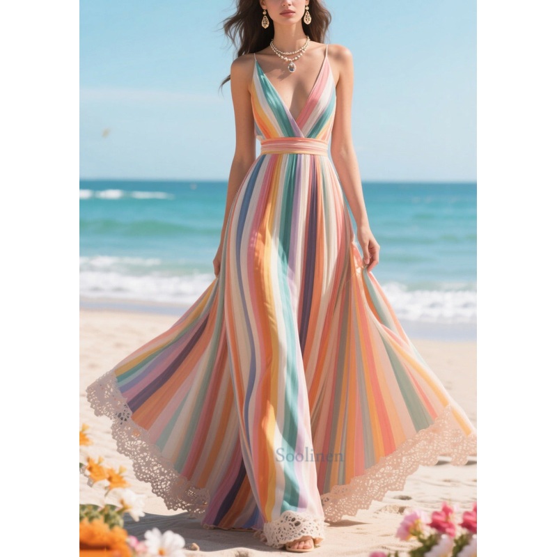 Plus Size Polychrome Striped Patchwork Exra Large Hem Beach Dress Summer