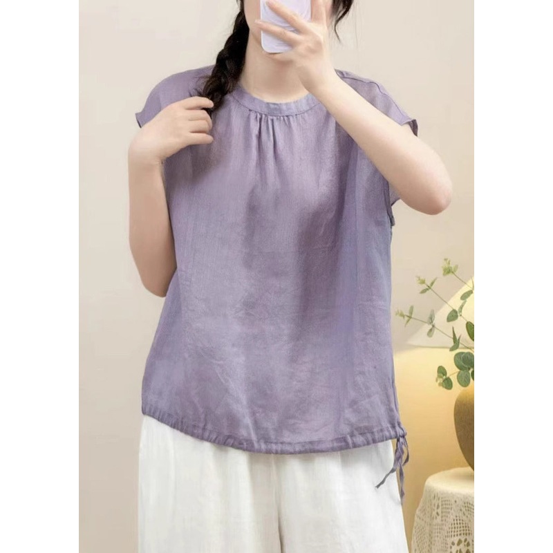 Purple Lace Up Solid Linen Summer Shirts O Neck