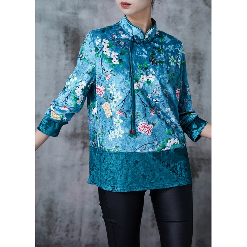 Royal Blue Patchwork Silk Velour Oriental Top Tasseled Print Spring