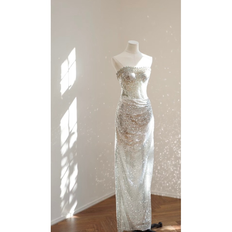 Sequin Strapless Sliver Prom Dress Sparkling Evening Gowns J6327
