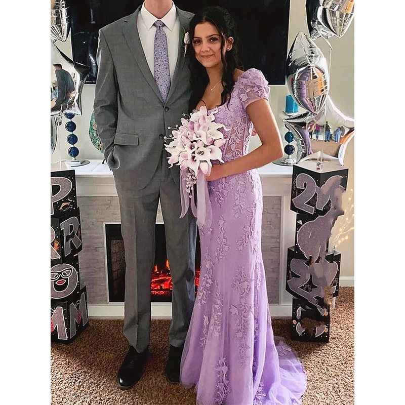 Short Sleeves Mermaid Long Prom Dress Applique Formal Party Dress J5108