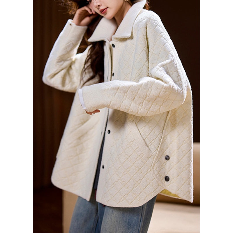 Simple Beige Pockets Button Solid Woolen Coats Spring