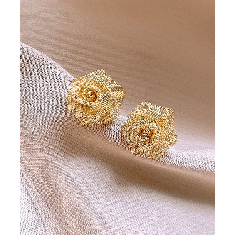 Simple Gold Alloy Tulle Rose Stud Earrings