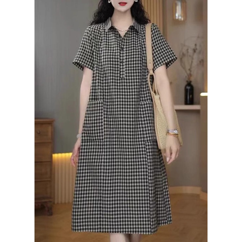 Simple Grey Peter Pan Collar Plaid Linen Mid Dress Summer