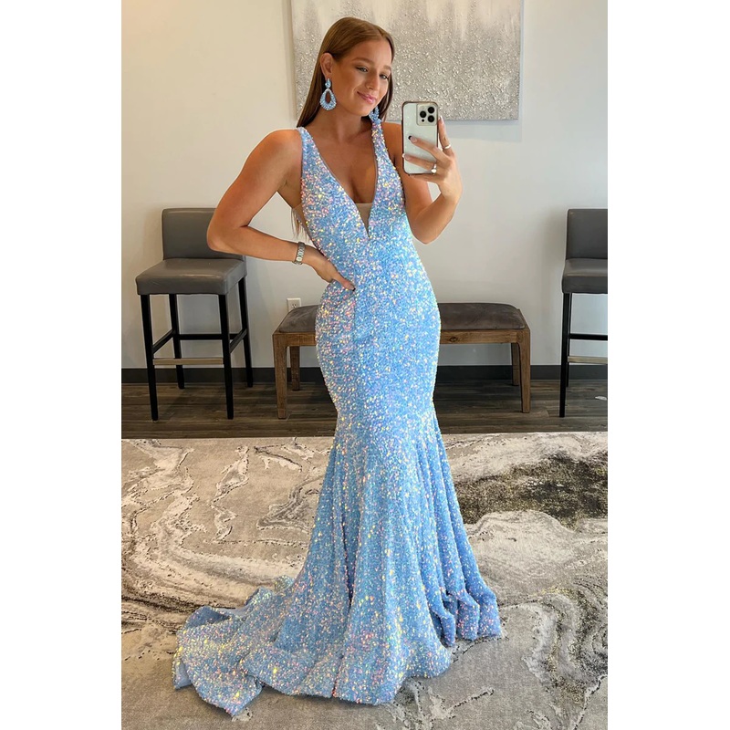 Sky Blue V Neck Sequins Long Prom Dresses Sparkly Mermaid Evening Dress 2282
