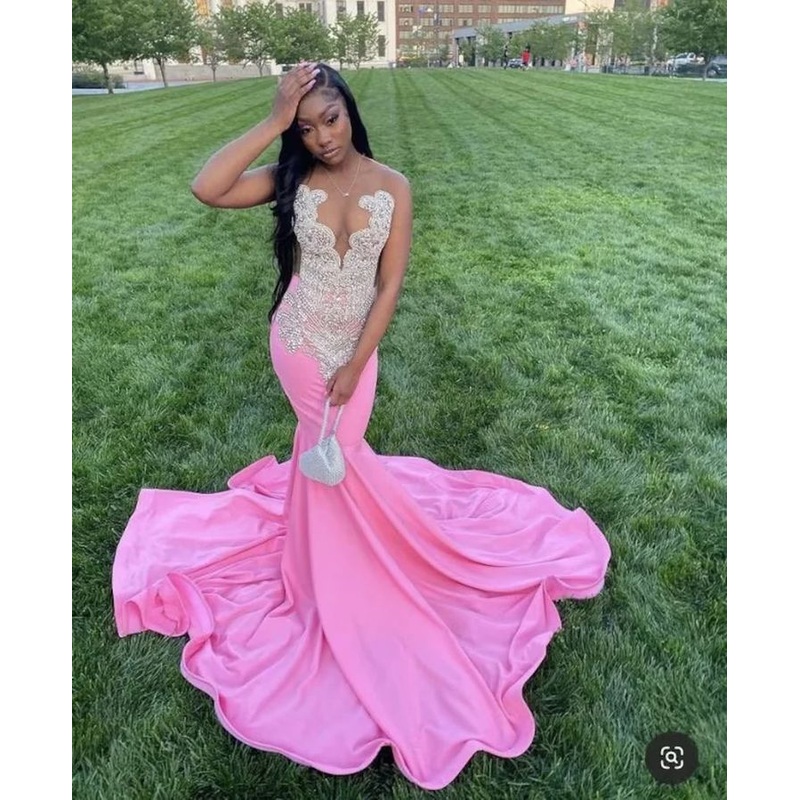 Sleeveless Pink Mermaid Prom Dress Black Girl Formal Party Gown 2318