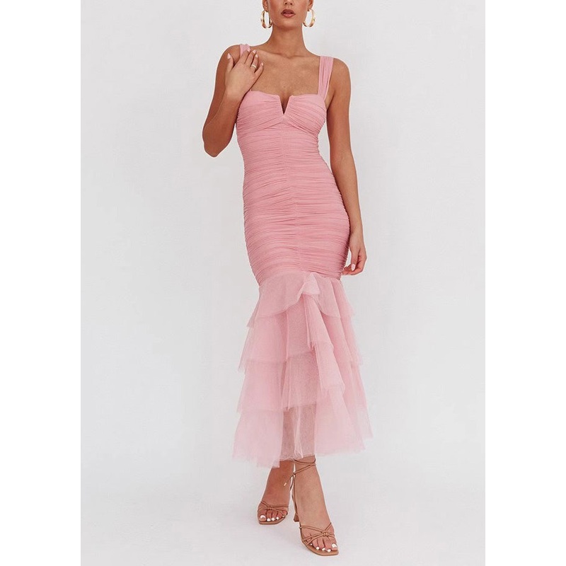 Slim Fit Pink Wrinkled Tulle Patchwork Long Dress Sleeveless