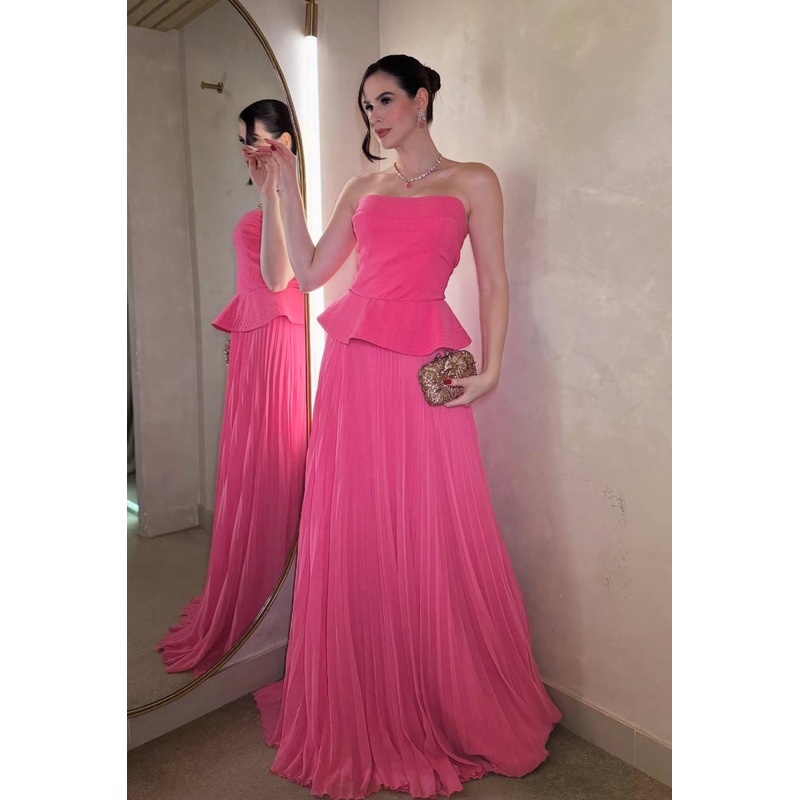 Strapless Hot Pink Long Prom Dress Pleated Birthday Dress J7934