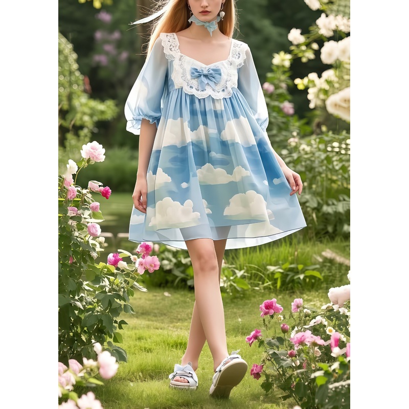 Style Sky Blue Oversized Print Chiffon Mini Dresses Summer