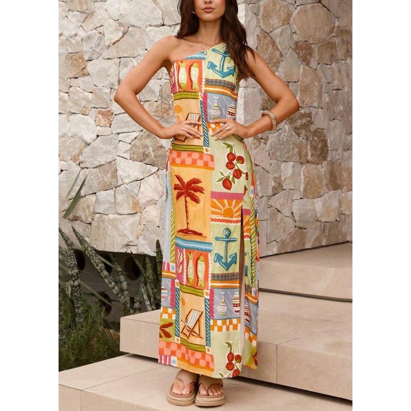 Stylish Asymmetrical Print Side Open Linen Vacation Dresses Sleeveless