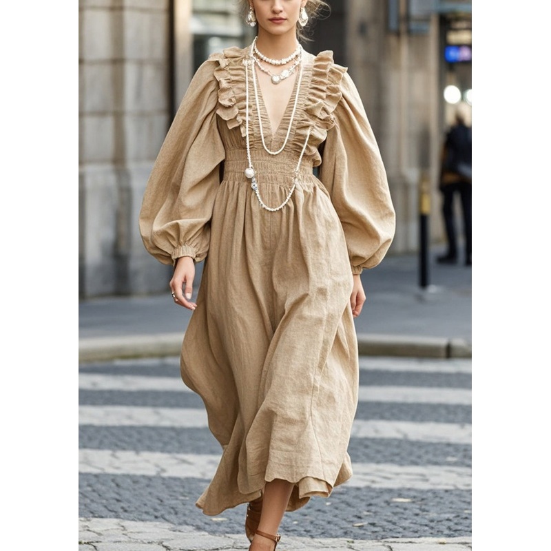 Stylish Khaki Ruffled Cotton Party Dress Lantern Sleeve