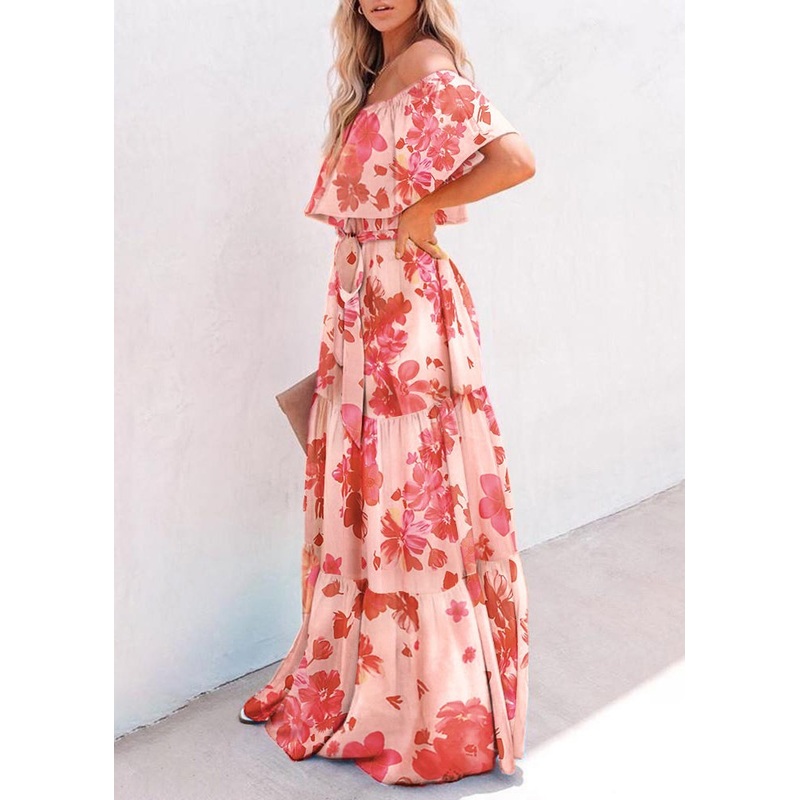 Stylish Red Slash Neck Print Tie Waist Cotton Long Dress Summer