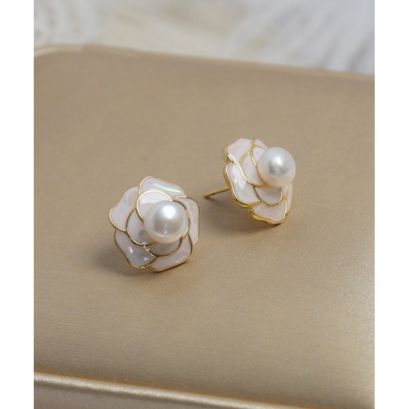 Stylish White Copper Overgild Pearl Shell Camellia Flower Stud Earrings
