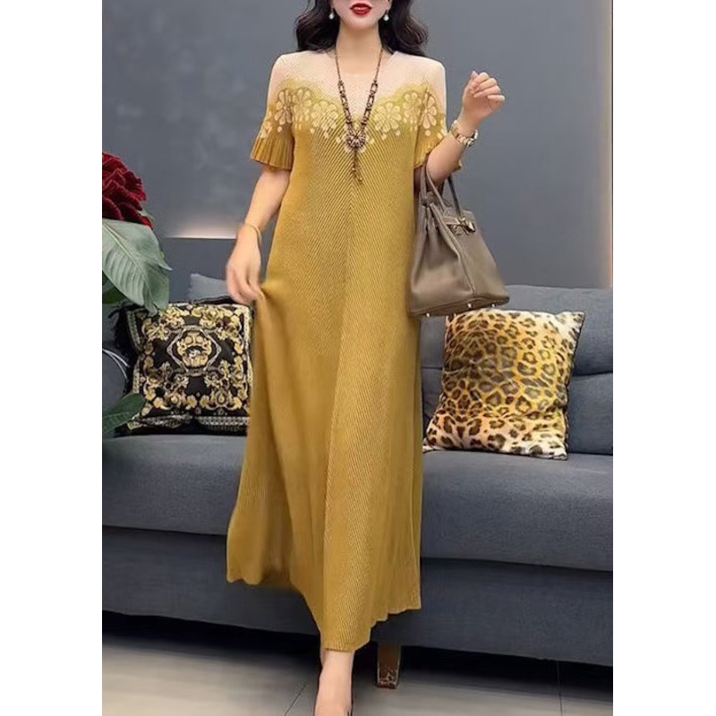 Stylish Yellow O-Neck Print Cotton Long Dress Summer