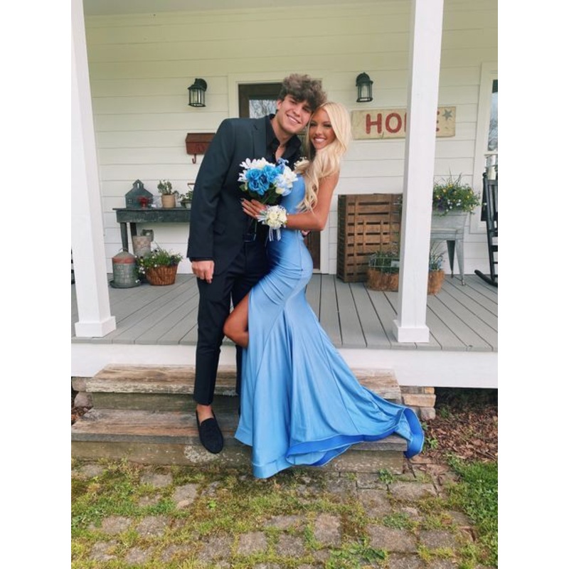 V Neck Mermaid Blue Slit Evening Prom Dress Birthday Outfits  J3617