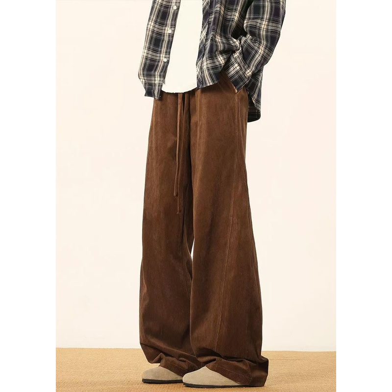 Vintage Brown Lace Up Solid Corduroy Pants Men Spring