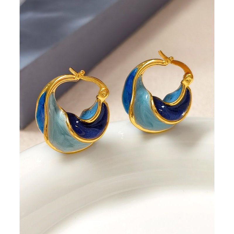 Vintage Colorblock Copper Overgild Drip Glaze Spiral Pattern Hoop Earrings