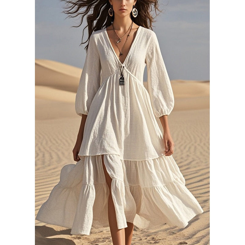 White Patchwork Cotton Maxi Dress Side Open Bracelet Sleeve