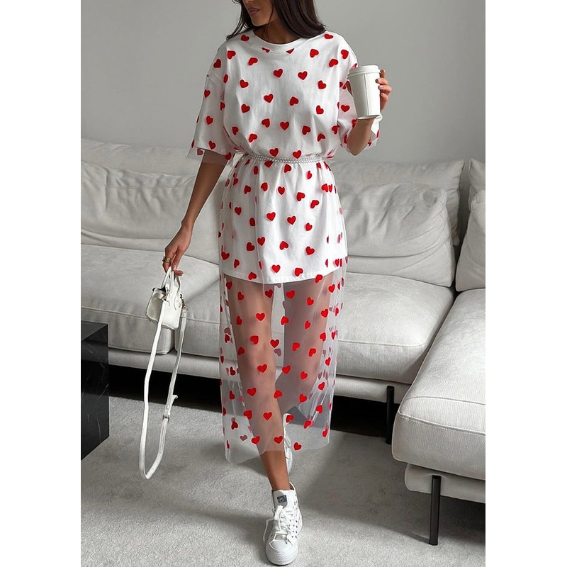 White Tulle Patchwork Summer T Shirts Dress O Neck