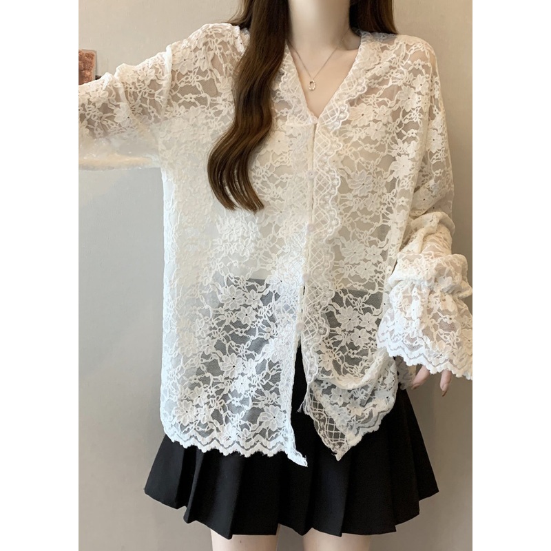 Women Beige V Neck Button Lace Shirt Flare Sleeve