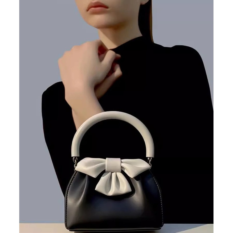 Women Black Bow Patchwork Faux Leather Tote Mini Handbag