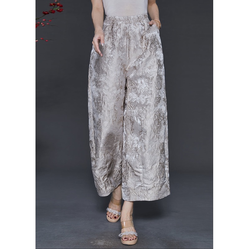 Women Champagne Oversized Jacquard Silk Wide Leg Pants Spring