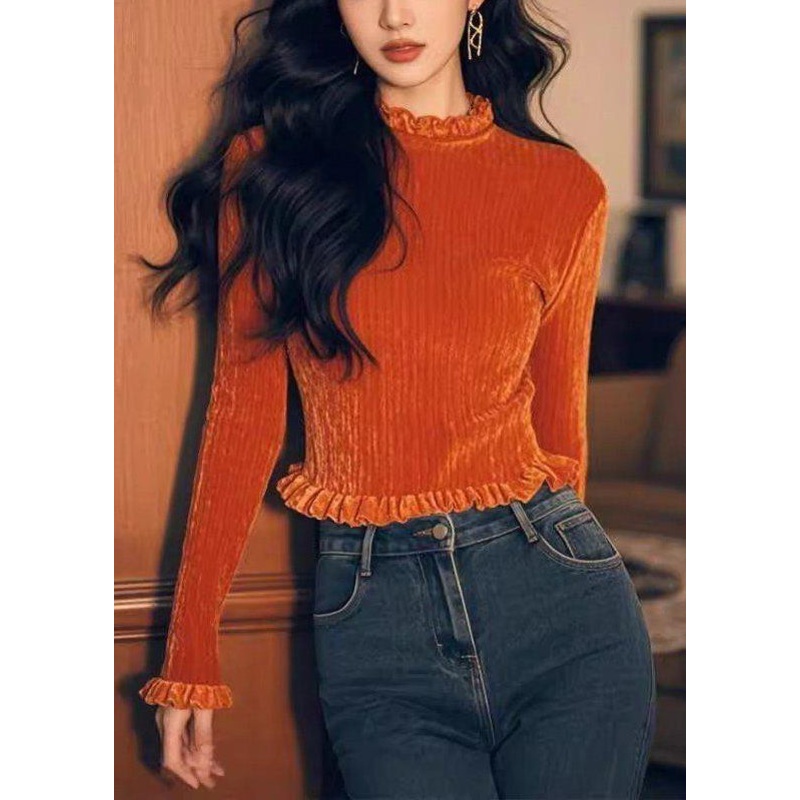 Women Orange Ruffled Solid Silk Velour T Shirts Spring