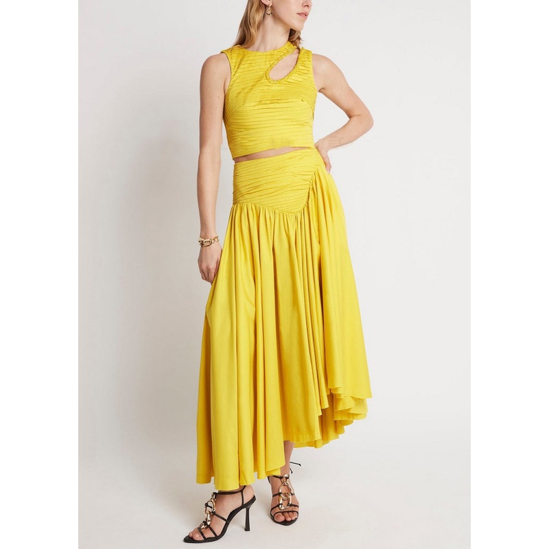 Yellow Zippered Tank And Skirts Cotton Two Pieces Set Wrinkled Summer
